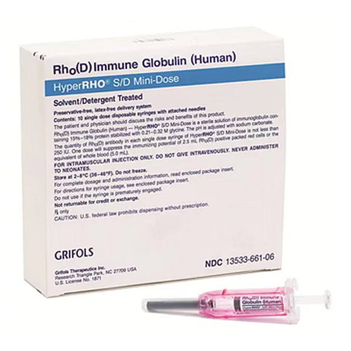HyperRHO® S/D Mini-Dose Rho (D) Immune Globulin (Human), Preservative Free 250 IU (50 mcg) Injection Prefilled Syringe 1 mL 10 Syringes by Grifols USA, LLC  ID 13533-0661-06